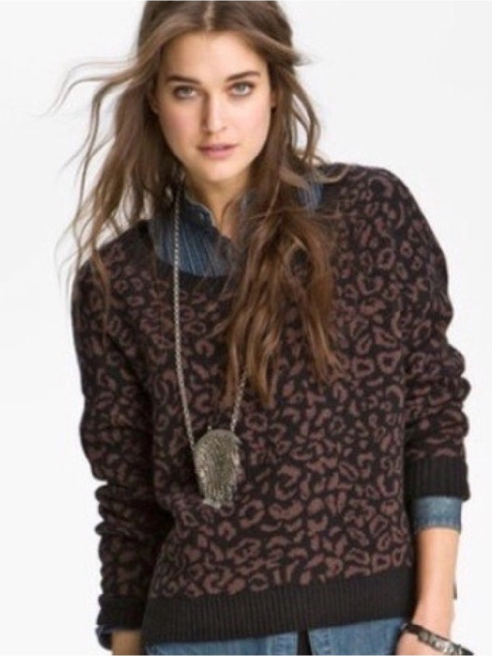 Free People Brown Leopard Print Crewneck Sweater - Women Size Small
